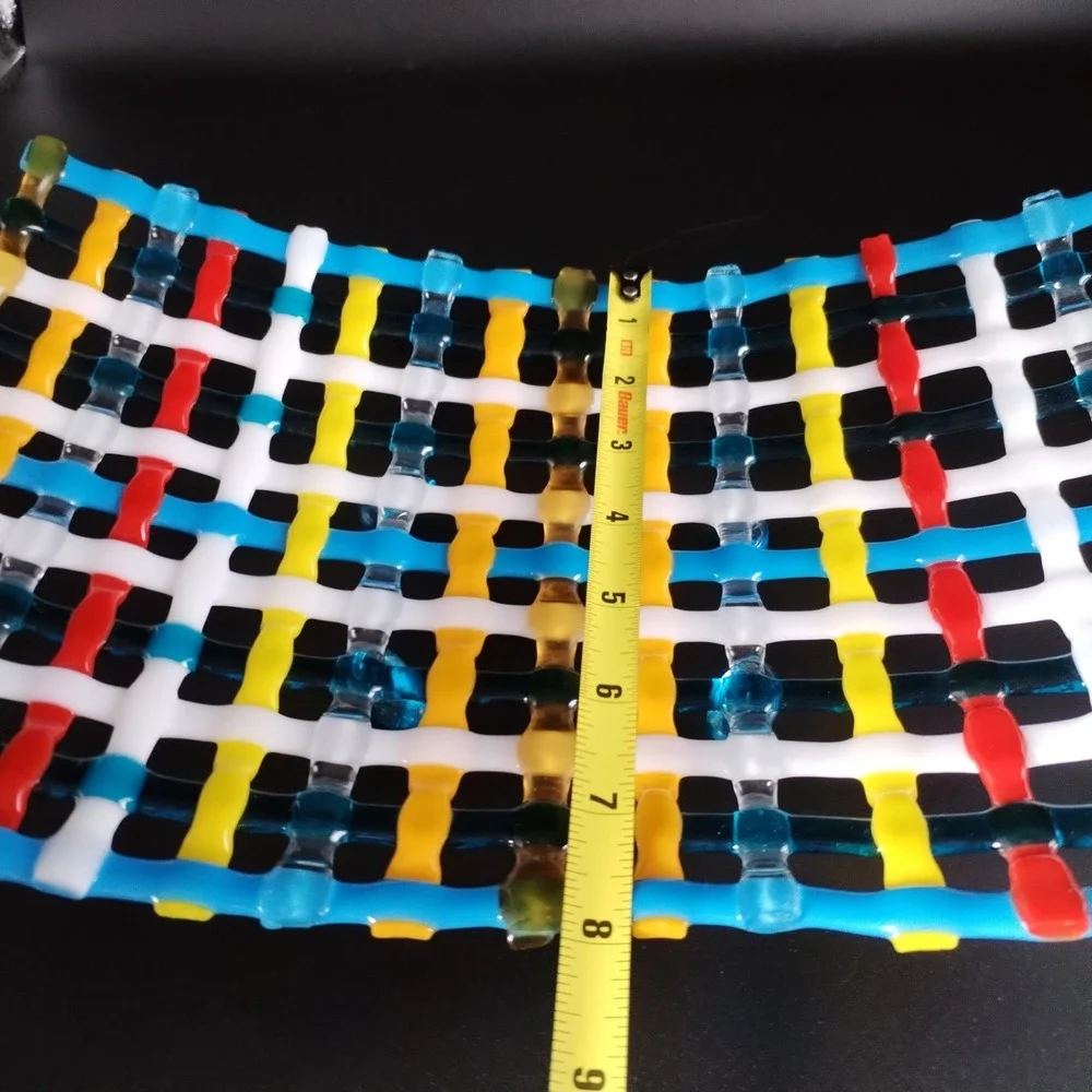 Vintage Fused Art Glass Lattice Tray Woven Grid Bowl Platter Colorful Blue Feet